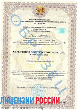 Образец сертификата соответствия аудитора №ST.RU.EXP.00006174-3 Щекино Сертификат ISO 22000